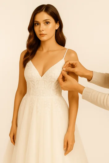 Wedding dress alteration showing lowered dramatic neckline with plunging V-neck style