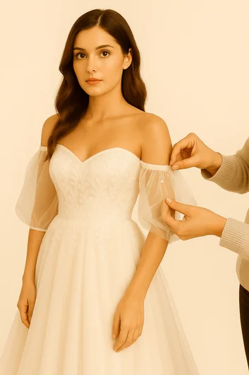 Wedding dress sleeve style modifications showing various alteration techniques and design changes